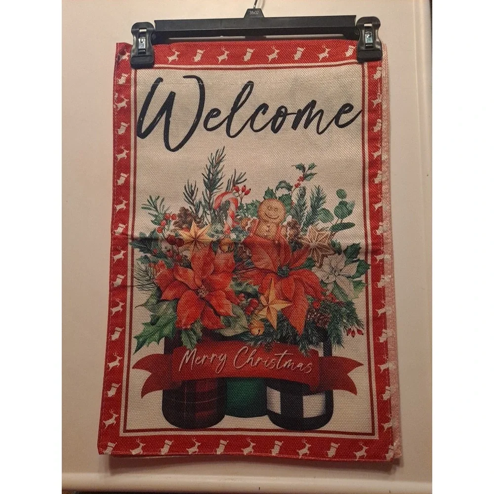NEW 1pc Double Sided Welcome Merry Christmas Garden Flag 12x18 Flowers And Jars